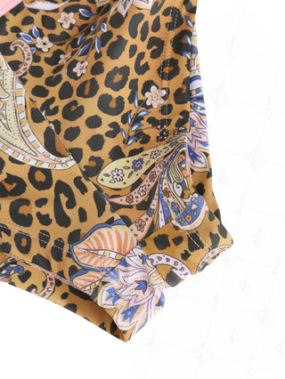 Brown Leopard Paisley Print Double Layer Top & Cutout Tie Cheeky Boyshorts Bikini Set