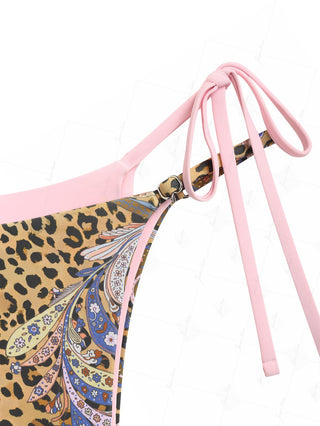 Brown Leopard Paisley Print Contrast Color String Double Layer Bikini Set