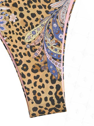 Brown Leopard Paisley Print Contrast Color String Double Layer Bikini Set