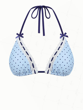 Light Blue Polka Dot Print Lace Bowknot Halter Triangle Bikini Top