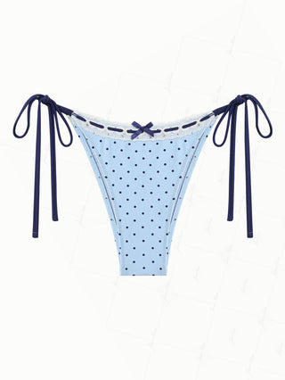 Light Blue Polka Dot Print Lace Bowknot Tie Side Bikini Bottom