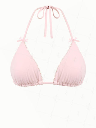 Pink Solid Color Picot Trim Bowknot Halter Triangle Bikini Top