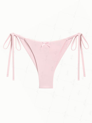 Pink Solid Color Picot Trim Bowknot Cheeky Brazilian Bikini Bottom