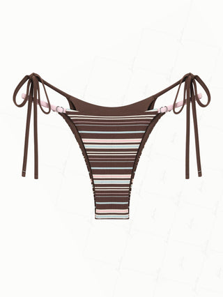 Deep Coffee Ribbed Knit Striped String Double Layer Bikini Bottom