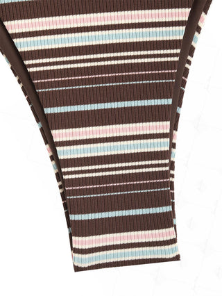 Deep Coffee Ribbed Knit Striped Contrast Binding Double Layer Bikini Set