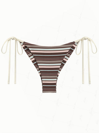 Deep Coffee Ribbed Knit Striped String Cheeky Brazilian Bikini Bottom