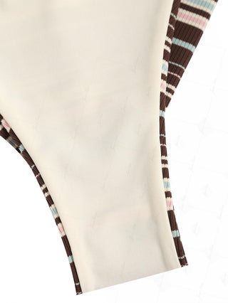 Deep Coffee Ribbed Knit Striped Contrast Binding Triangle Top & Cheeky Brazilian Bottom Bikini Set