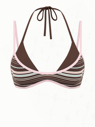 Deep Coffee Ribbed Knit Striped Contrast Binding Double Layer Bikini Top