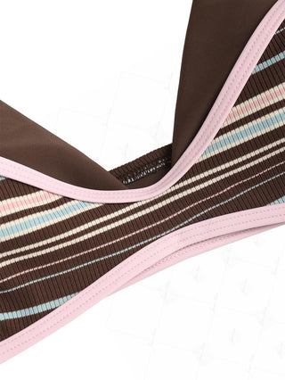 Deep Coffee Ribbed Knit Striped Contrast Binding Double Layer Bikini Top