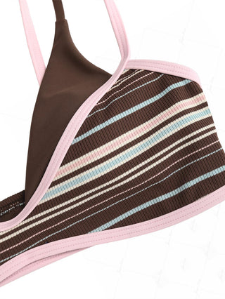 Deep Coffee Ribbed Knit Striped Contrast Binding Double Layer Bikini Top