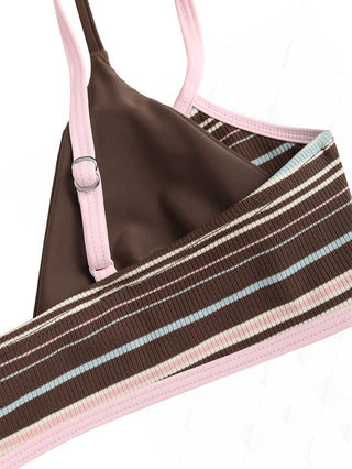 Deep Coffee Ribbed Knit Striped Contrast Binding Double Layer Bikini Top