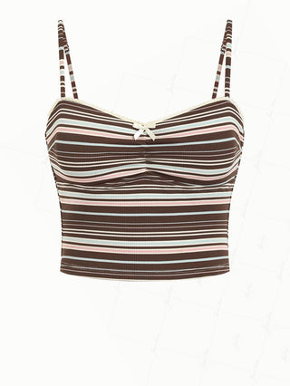 Deep Coffee Ribbed Knit Striped Ruched Lace Bowknot Tankini Top
