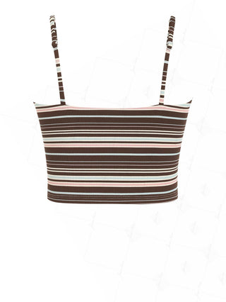 Deep Coffee Ribbed Knit Striped Ruched Lace Bowknot Tankini Top