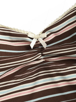 Deep Coffee Ribbed Knit Striped Ruched Lace Bowknot Tankini Top