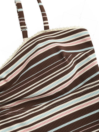 Deep Coffee Ribbed Knit Striped Ruched Lace Bowknot Tankini Top