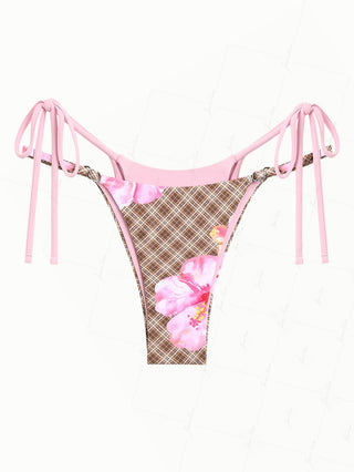 Coffee Plaid Floral Hibiscus Print Double Layer Bikini Bottom