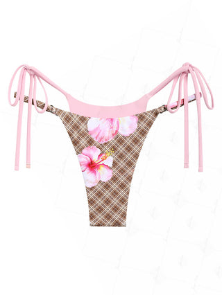 Coffee Plaid Floral Hibiscus Print Double Layer Bikini Bottom