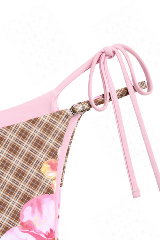Coffee Plaid Floral Hibiscus Print Double Layer Bikini Bottom