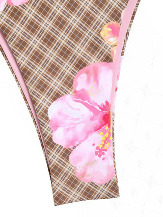 Coffee Plaid Floral Hibiscus Print Double Layer Bikini Bottom