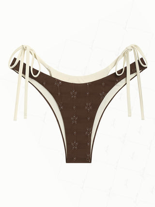 Deep Coffee Recycled Fabric Eyelet Jacquard Double Layer Bikini Bottom