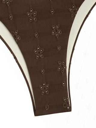 Deep Coffee Recycled Fabric Eyelet Jacquard Double Layer Bikini Bottom