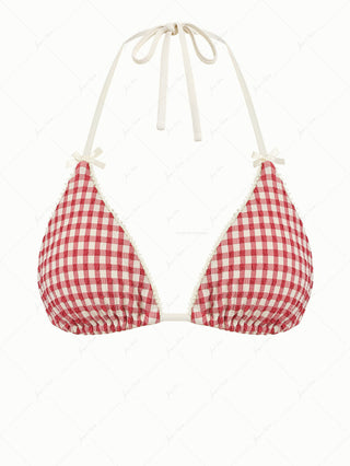 Pomegranate Red Gingham Lace Bowknot Halter Triangle Bikini Top