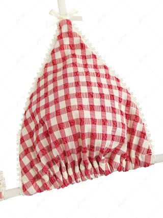 Pomegranate Red Gingham Lace Bowknot Halter Triangle Bikini Top