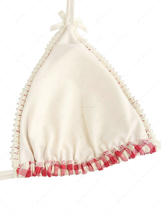 Pomegranate Red Gingham Lace Bowknot Halter Triangle Bikini Top
