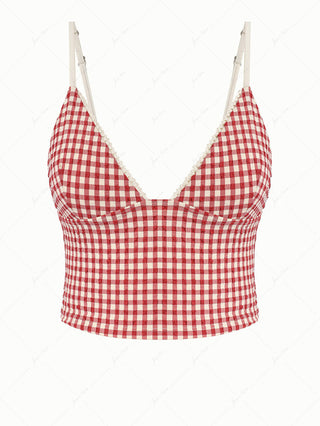 Pomegranate Red Gingham Lace Trim Slim Fit Cami Tankini Top