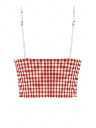 Pomegranate Red Gingham Lace Trim Slim Fit Cami Tankini Top