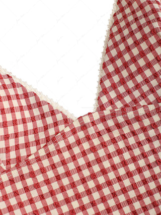 Pomegranate Red Gingham Lace Tank Top & Cheeky Brazilian Bottom Tankini Set