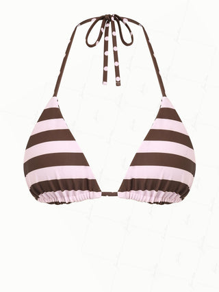 Pink Striped Polka Dot Print Reversible Halter Triangle Bikini Top