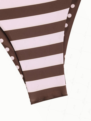 Pink Striped Polka Dot Print Reversible Cheeky Brazilian Bikini Bottom