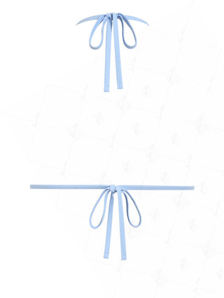 Light Blue Eyelet Jacquard Lace Bowknot Halter Triangle Bikini Top