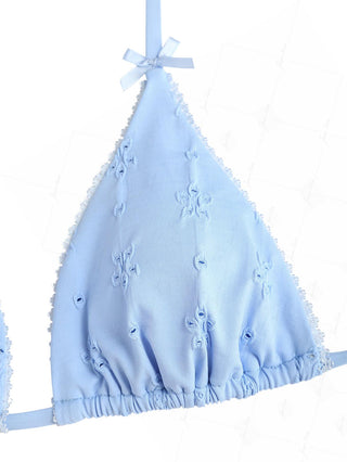 Light Blue Eyelet Jacquard Lace Bowknot Halter Triangle Bikini Top