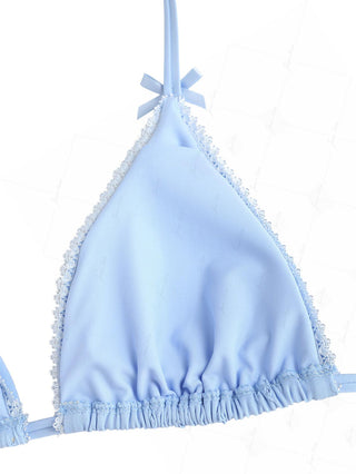 Light Blue Eyelet Jacquard Lace Bowknot Halter Triangle Bikini Top