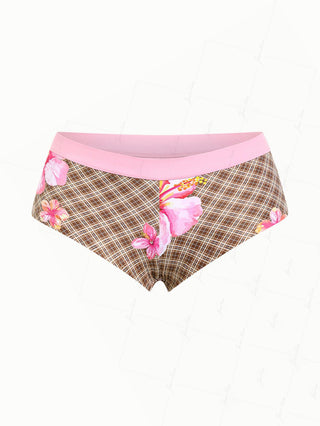 Coffee Plaid Floral Hibiscus Bikini Bottom Cheeky Swim Boyshorts