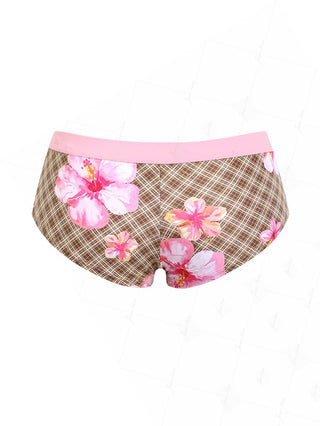 Coffee Plaid Floral Hibiscus Bikini Bottom Cheeky Swim Boyshorts