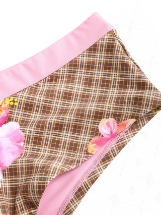 Coffee Plaid Floral Hibiscus Bikini Bottom Cheeky Swim Boyshorts