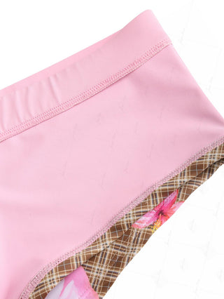 Coffee Plaid Floral Hibiscus Bikini Bottom Cheeky Swim Boyshorts