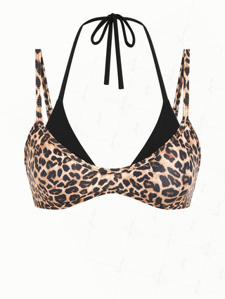 Coffee Leopard Print Contrast Color Double Layer Bikini Top
