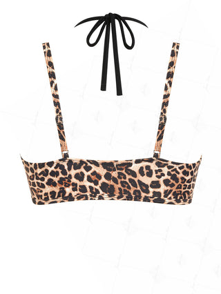Coffee Leopard Print Contrast Color Double Layer Bikini Top