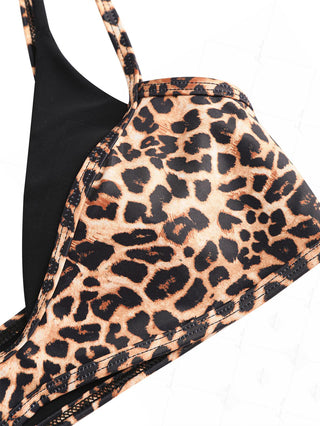 Coffee Leopard Print Contrast Color Double Layer Bikini Top