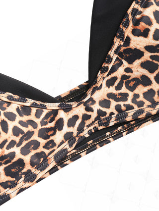 Coffee Leopard Print Contrast Color Double Layer Bikini Top