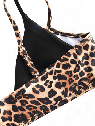 Coffee Leopard Print Contrast Color Double Layer Bikini Top