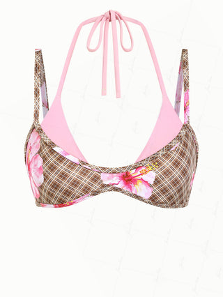 Coffee Plaid Floral Hibiscus Print Double Layer Bikini Top