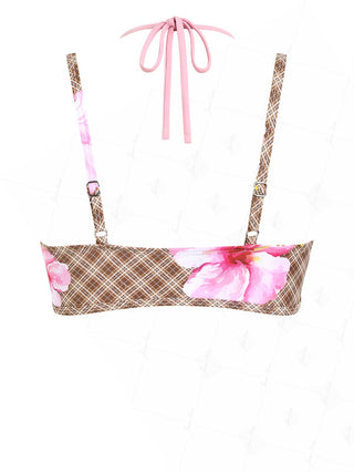Coffee Plaid Floral Hibiscus Print Double Layer Bikini Top