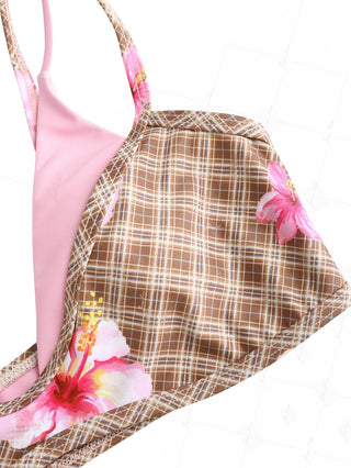 Coffee Plaid Floral Hibiscus Print Double Layer Bikini Top