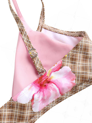 Coffee Plaid Floral Hibiscus Print Double Layer Bikini Top