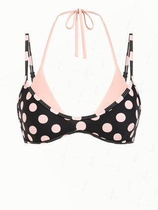 Pink Vintage Polka Dot Print Contrast Color Double Layer Bikini Top
